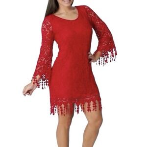 MECHANT Women Bodycon Mini Dress sz S Red Lace Fringe Bell Sleeve Cocktail Party